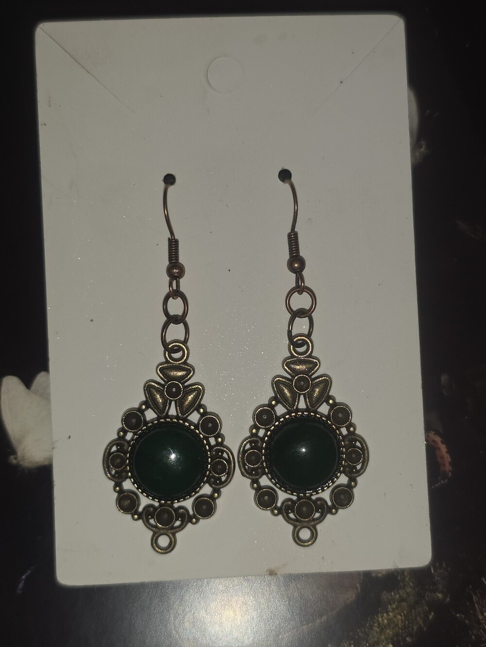 Green Gemstone Earrings On Vintage Inspired Bronze Tone Frames